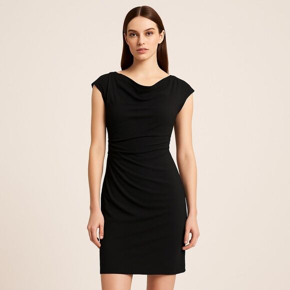 Lafayette 148 New‎ York Black Draped Ruched Sheath Dress Size 0 Cowl Neckline - Picture 1 of 8
